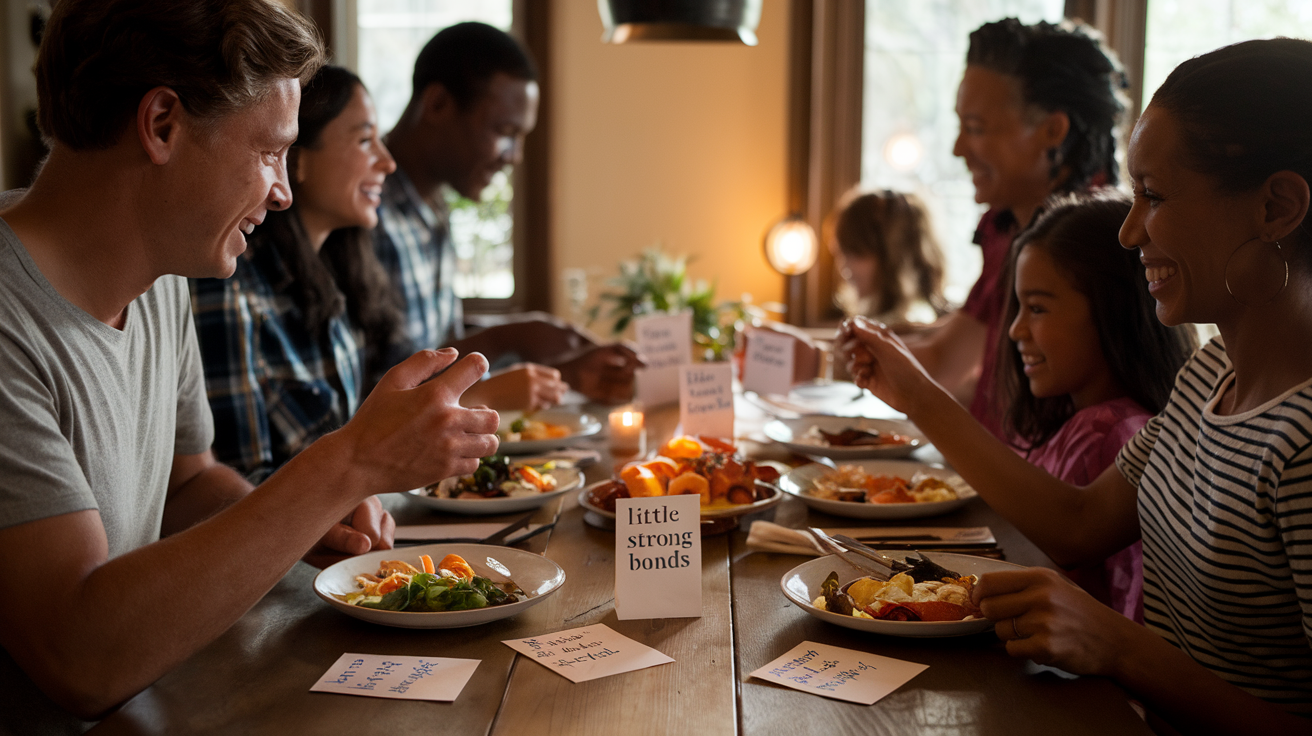 Create a realistic image of a diverse family (including white, black, and Asian members with both male and female adults and children) gathered around a wooden dining table for dinner, with warm soft lighting, plates of food, no electronic devices in sight, genuine smiles, and small handwritten gratitude notes visible on the table, with the text "Little Things, Strong Bonds" subtly appearing in the background.