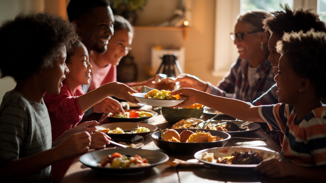 Create a realistic image of a diverse family (black and white parents with their children) gathered around a dinner table, sharing a meal, with warm lighting casting a cozy glow, plates of home-cooked food in the center, family members smiling and engaged in conversation, some passing dishes to others, creating an atmosphere of togetherness, warmth, and connection.