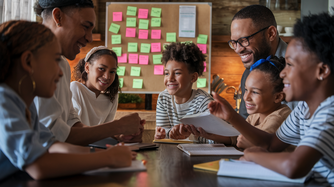 Create a realistic image of a diverse family seated around a kitchen table during a family meeting, with a parent holding a notepad while children of various ages eagerly participate in discussion, colorful sticky notes on a board visible in the background showing ideas and schedules, warm lighting creating a cozy democratic atmosphere, everyone smiling and engaged in respectful conversation.