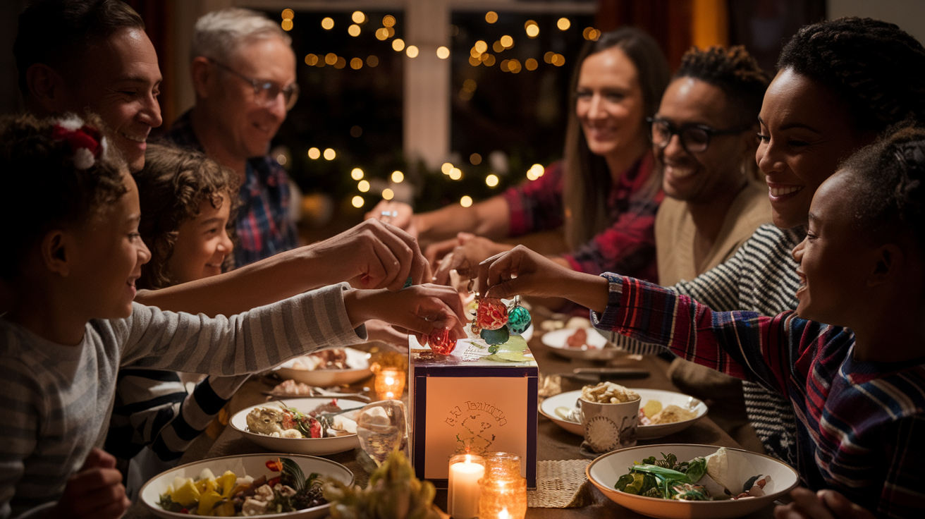 Create a realistic image of a diverse family gathered around a dining table during a special meal celebration, with adults and children placing handmade ornaments on a small tradition box, warm ambient lighting casting a golden glow over their smiling faces, simple decorations suggesting a recurring family tradition, creating an atmosphere of togetherness, love and meaningful connection.
