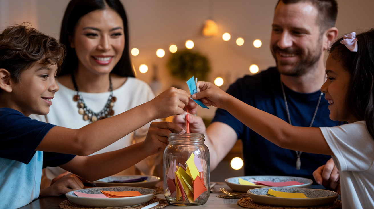Create a realistic image of a diverse family of four - Asian mother, white father, and two mixed-race children - sitting around a dinner table, with warm golden lighting, where they're passing around a gratitude jar, each writing notes of appreciation on colorful paper slips, with genuine smiles and eye contact showing connection and warmth, some handwritten "Thank You" notes visible on the table.