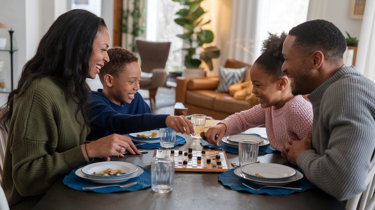Create a realistic image of a Black family of four - mother, father, and two children (boy and girl) - playing a board game together at their dining table, laughing and engaged, with warm evening lighting creating a cozy atmosphere, dirty dinner dishes pushed aside showing they've prioritized connection over chores, smart devices noticeably absent, focusing on the genuine joy of quality family time.
