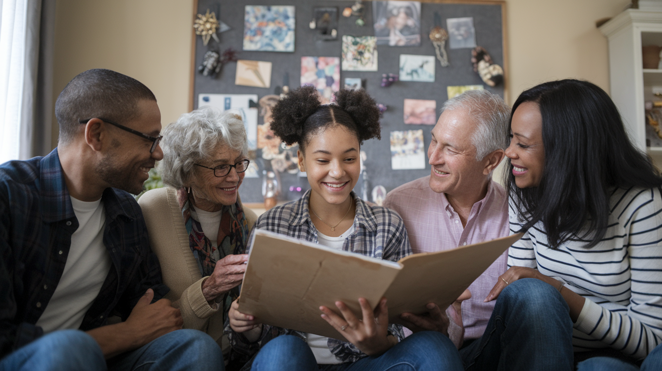 Create a realistic image of a diverse family gathered in a cozy living room, where a Black teenage girl is showing her art portfolio to her supportive parents and siblings who are gathered around her with encouraging expressions, while a vision board with various aspirations and dream collages hangs on the wall behind them, creating a warm atmosphere of mutual support and encouragement.