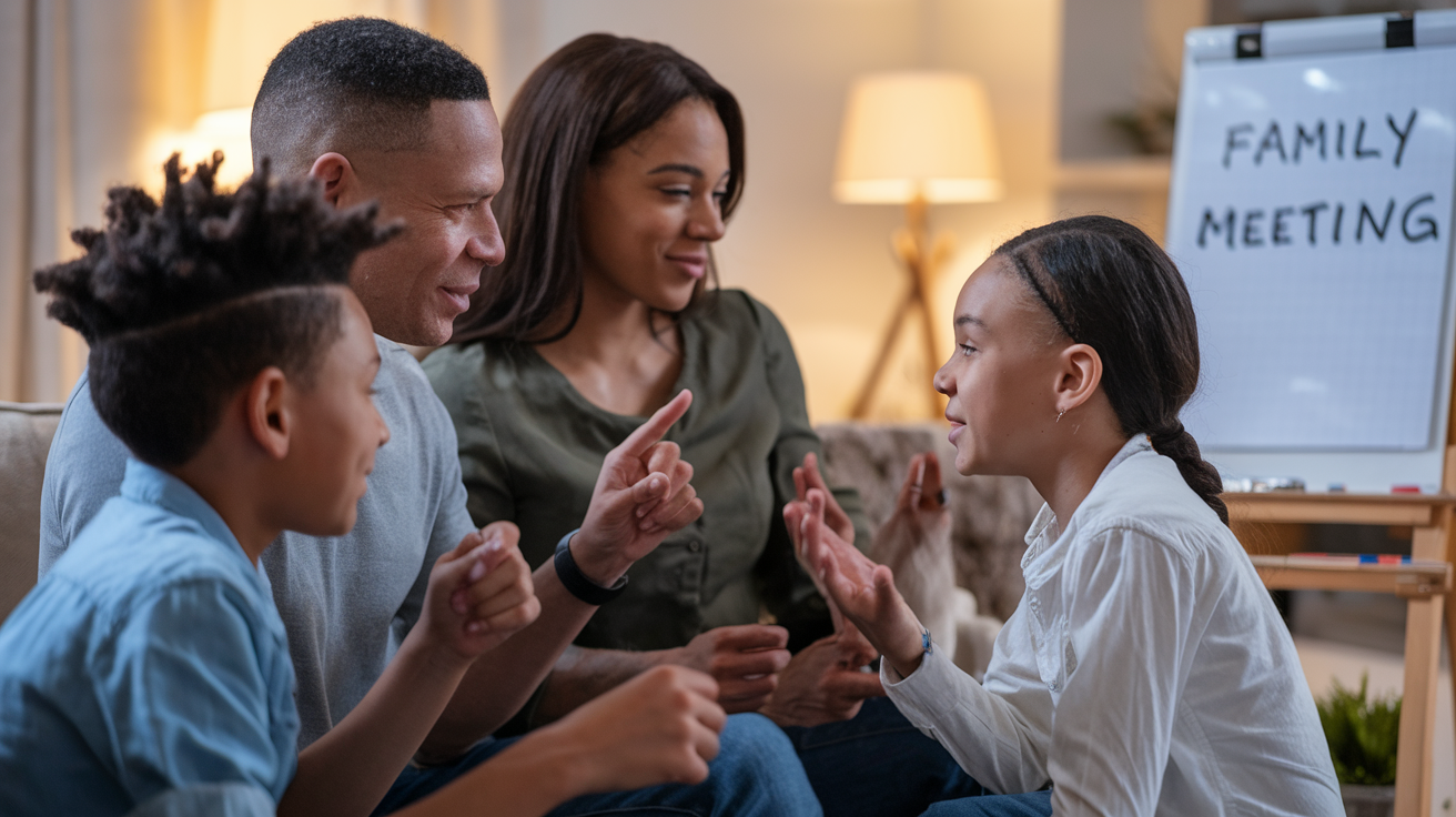 Create a realistic image of a black family of four (parents and two children) sitting in a cozy living room with neutral expressions, engaged in a calm discussion, with the parents using active listening gestures while one child speaks, soft warm lighting creating a safe atmosphere, a small whiteboard nearby with "Family Meeting" written on it, and subtle body language showing resolution rather than tension.